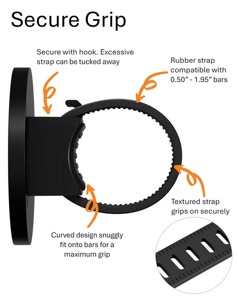 Diagram of Stroller Phone Holder With MagSafe Handlebar Mount For On The Go, showing secure rubber strap with curved design.