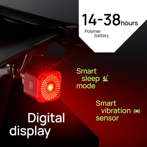 Rear red light of Front And Back Bike Light Kit R15 USB C Rechargeable Auto Brake Sensing 500 Lumen Waterproof with digital display