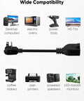 Image showcasing 2 Pack 1 Foot Power Extension Cord 16 AWG Right Angle Low Profile AC Adapter Extension Wire compatibility with various devices.