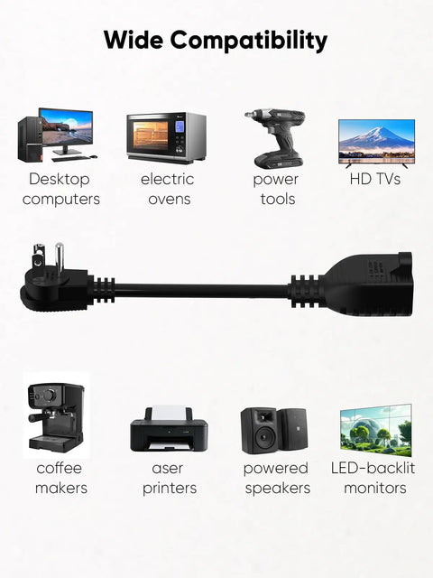 Image showcasing 2 Pack 1 Foot Power Extension Cord 16 AWG Right Angle Low Profile AC Adapter Extension Wire compatibility with various devices.