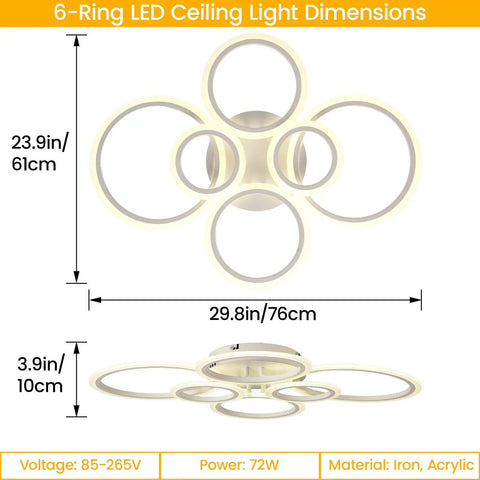 Modern 6 Ring LED Ceiling Light Fixture 29.5 Inch 72W 6000LM 3000K To 6500K Dimmable With Remote Flush Mount Ceiling Light For Bedroom, Kitchen, Living Room, Dining Room White