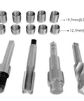 Two Sizes 5/8-18 Thread Repair Kit With Stainless Steel Inserts In 0.5 And 0.76 Inch Lengths For Auto Parts And ATV UTV Repairs Durable DIY Bolt Thread Repair Tool with four metal tools and stainless steel inserts for thread restoration visible.