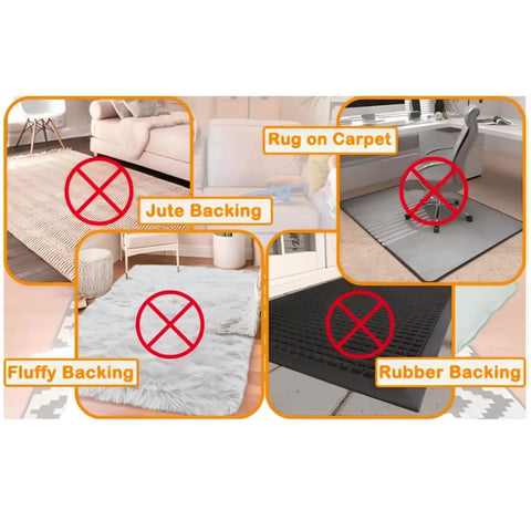 Illustration showing rugs with x marks, unsuitable for 12 Pack Double Sided Rug Tape For Hardwood Floors And Tiles Reusable Non Slip Rug Pads