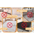 Image illustrating incompatible surfaces for 4 Pack Double-Sided Rug Tape For Hardwood Floors And Tile, showing jute, fluffy, and rubber backings.