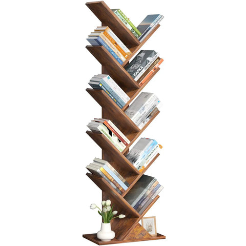 Tree Shaped 10 Tier Floor Standing Wood Bookcase Slim Space Saver For Narrow Rooms Tight Spots And More Holds Books CDs Magazines