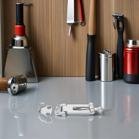 Front view of stainless steel toolbox buckle lock set with anti-rattle mechanism; two-piece, marine-grade 316 stainless