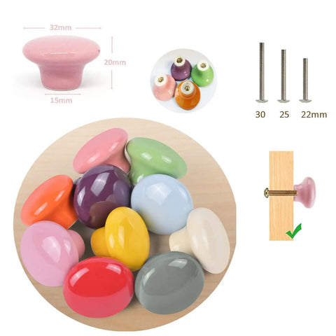 Colorful Ceramic Drawer Knobs Set Of Ten Glossy Round Cabinet Knobs For Dressers Cabinets Chests And Wardrobes Cute Playful Finish Durable And Easy To Install Perfect For Your Home DIY Makeover. 32mm x 20mm ceramic knob with 22/25/30mm screws