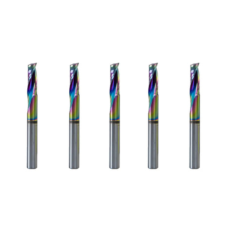 One Quarter Inch Single Flute End Mill With TAC Coating Anti Adhesion For Aluminum Alloys Copper Alloys Titanium Alloys Milling Cutter HRC45 Three Quarters Inch Cutting Edge Length Two And A Half Inch Overall Length Five Pack displayed in a line.