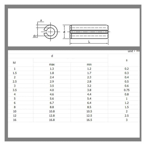 Technical diagram and specifications table for Slotted Spring Pins M16x30 100mm Black Carbon Steel Pack Of 60 in millimeters.