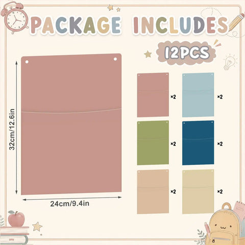 12Pcs Plastic Oversized Wall Pockets 12.6 x 9.4 Inches Hanging Wall File Organizer For Back To School Classroom Home Office Filing System Morandi Color
