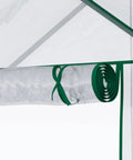 Detail of roll-up door on Walk-In Portable Greenhouse Kit 5x2.5x6.5 Feet, showing clear weatherproof cover and tie closure.