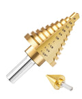 Titanium Coated HSS Step Drill Bit Set With Ten Sizes From One Quarter Inch To One And Three Eighths Inch Self Centering 118 Degree Split Point Dual Flute Unibit For Drilling Metal And Plastic Sheets