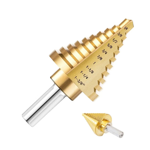 Titanium Coated HSS Step Drill Bit Set With Ten Sizes From One Quarter Inch To One And Three Eighths Inch Self Centering 118 Degree Split Point Dual Flute Unibit For Drilling Metal And Plastic Sheets