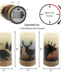 Flameless Flickering LED Pillar Candles With Hemp Rope And 6 Hour Timer Battery Operated Set Of 3 Real Wax Rustic Candles With Deer Moose Bear Decals, showing dimensions and battery compartment.