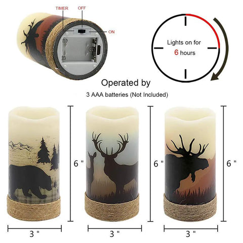 Flameless Flickering LED Pillar Candles With Hemp Rope And 6 Hour Timer Battery Operated Set Of 3 Real Wax Rustic Candles With Deer Moose Bear Decals, showing dimensions and battery compartment.