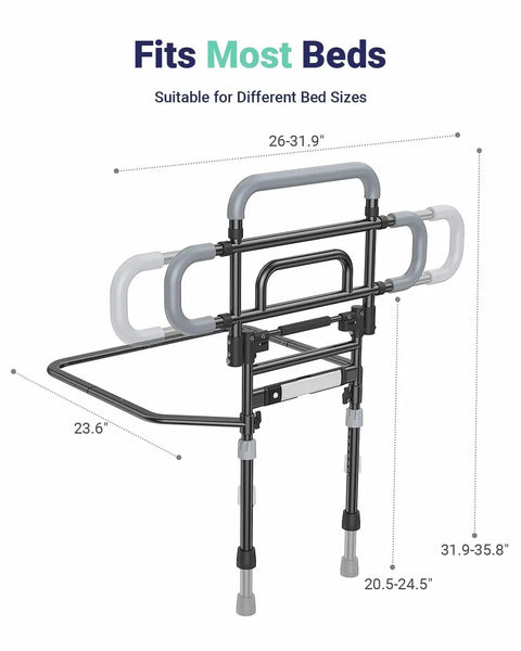 One Hand Fold Bed Rail For Seniors, 180 Degree Folding, Adjustable Height And Width, Black Safety Guard Rail For Bedside Access