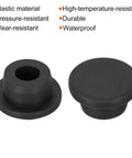 Two black three pack T shaped silicone plugs 20mm diameter snap in hole seal covers, shown in front and side view, with material properties listed.