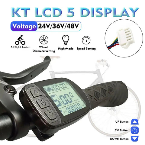 LCD5 Display Meter Intelligent Control Panel for Electric Bikes 24V 36V 48V 52V with Speedometer and SM Plug on handlebar