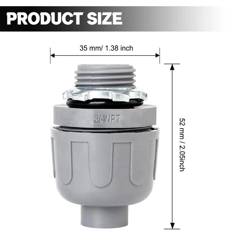 3/4 Inch Liquid Tight PVC Conduit Connector size chart, showing 35mm width and 52mm height for UL Listed nonmetallic fittings.