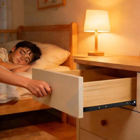 Person using Bottom Mount Drawer Runners 1 Pair 14 Inch 35cm Two Section Extension Quiet Glide Drawer Slides in bedroom cabinet