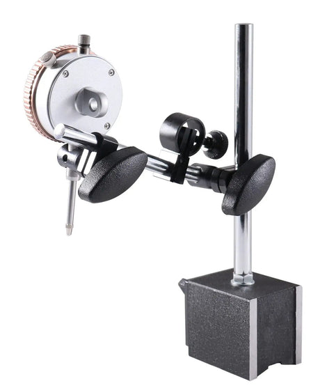 Heavy Duty 110 Lb Magnetic Base With Fine Adjustment, 0 To 1 Inch Dial Indicator 0.001 Inch Resolution, Includes 22 Piece Indicator Point Kit For Precision Machining And Inspection mounted on table