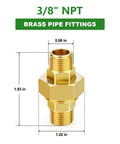 Brass Union Fitting 3/8 Inch NPT Male To 3/8 Inch NPT Male 2 Pack, corrosion resistant plumbing adapter with size dimensions shown