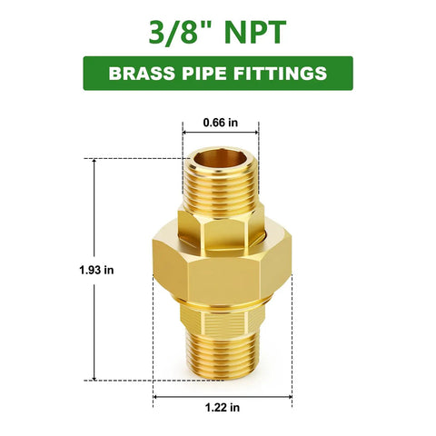 Brass Union Fitting 3/8 Inch NPT Male To 3/8 Inch NPT Male 2 Pack, corrosion resistant plumbing adapter with size dimensions shown