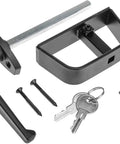 Top Notch 5 1/2 Inch Shed Door Lock L Handle Kit With Two Keys Built Tough, includes adjustable L handle, keys, and screws.