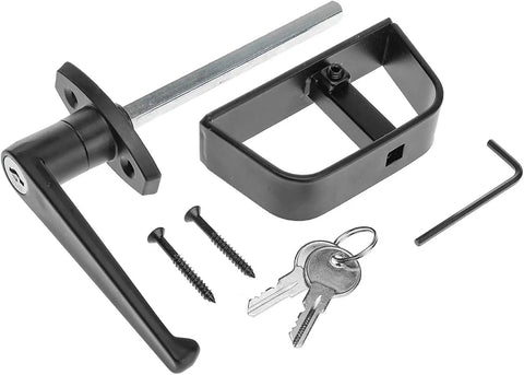 Top Notch 5 1/2 Inch Shed Door Lock L Handle Kit With Two Keys Built Tough, includes adjustable L handle, keys, and screws.