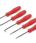 Five Piece Pick And Hook Set For Precision Mechanical Work Includes Straight 45 Degree Bent And 90 Degree Picks Plus 90 Degree And 130 Degree Hooks With Sharp 30 Degree Tapered Points Made In USA Durable Pro Grade Tools displayed.
