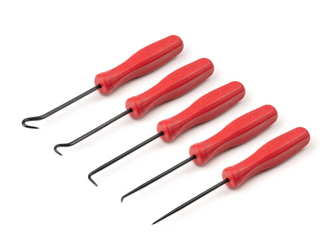 Five Piece Pick And Hook Set For Precision Mechanical Work Includes Straight 45 Degree Bent And 90 Degree Picks Plus 90 Degree And 130 Degree Hooks With Sharp 30 Degree Tapered Points Made In USA Durable Pro Grade Tools displayed.