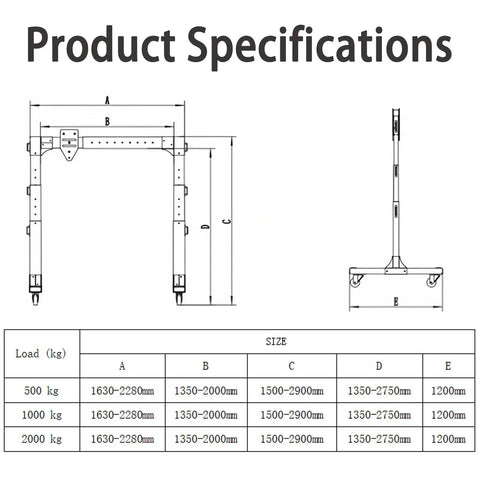 Product specifications for Space Saving Portable Gantry Crane With Fully Adjustable Height And Width Heavy Duty Shop Hoist.