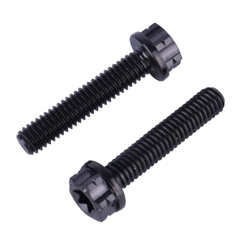 Close-up of Titanium Torx Head Flange Bolts M4 X 20mm Four Pack For Motorcycles And Bikes Black Finish Grade 5