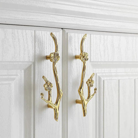 Slick Twig Drawer Pulls In Polished Brass Plum Blossom Branch Handle For Cabinets And Dressers on white cabinet doors
