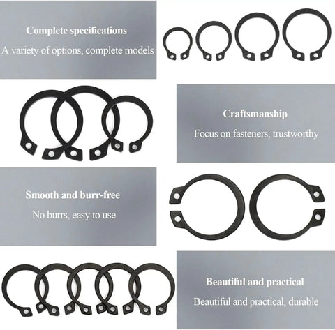 External Retaining Ring Set 20 Pcs In 58, 60, 62, 65, 68 Mm, various sizes displayed, 65Mn Spring Steel, black plated