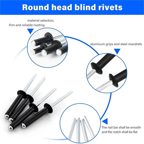 500 Piece Aluminum Blind Rivets With Large Flange Head Black Steel Finish Heavy Duty Vibration Resistant Fasteners For Quick Metal And Wood Bonding Works With Manual Or Pneumatic Riveters, round head black rivets