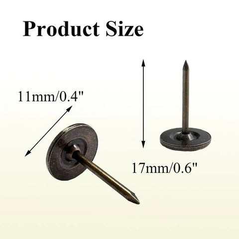 One Hundred Heavy Duty Flat Head Thumb Tacks In Bronze Top Shelf Push Pins For Upholstery And Wall Decor Slick Decorative Photo Fasteners That Handle Any Project Like A Boss size display showing 11mm and 17mm measurements.