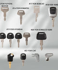 Detailed view of Heavy Equipment Master Pro Grade Key Set for construction machinery showing keys for Toyota, Komatsu, Bobcat, Hyundai, Kobelco.