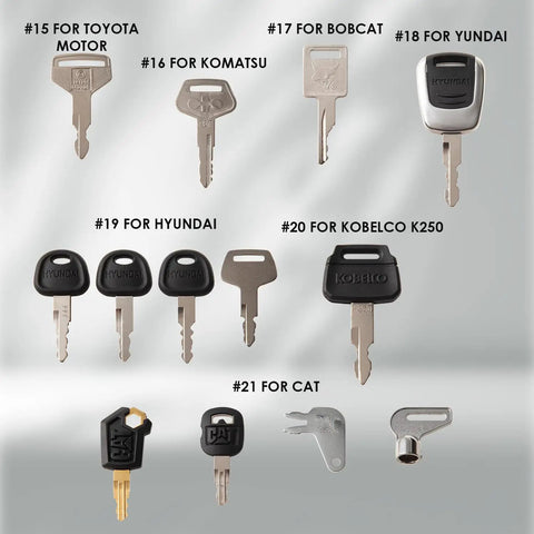 Detailed view of Heavy Equipment Master Pro Grade Key Set for construction machinery showing keys for Toyota, Komatsu, Bobcat, Hyundai, Kobelco.