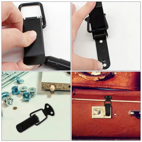 Spring Loaded Toggle Latch Clamp Set For Cabinets And Boxes, Four-Piece Kit, black iron latch on wooden and leather surfaces