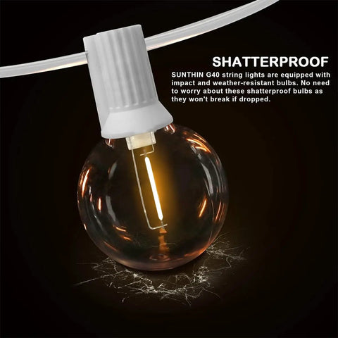 Close-up of shatterproof G40 LED bulb from 97 Ft White Outdoor String Lights With 49 Shatterproof G40 LED Bulbs, Waterproof And Connectable