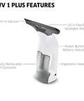 Kärcher WV 1 electric window vacuum squeegee; white body with gray dirt container and 10-inch flexible blade