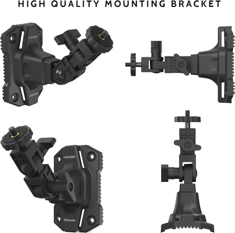 Trail Camera Mounting Bracket With One Quarter Twenty Threaded Insert 360 Degree Rotating Adjustable Holder For Outdoor Hunting Gear Game Camera Holder Monitor Stand Kit 2 Pack, shown in various positions