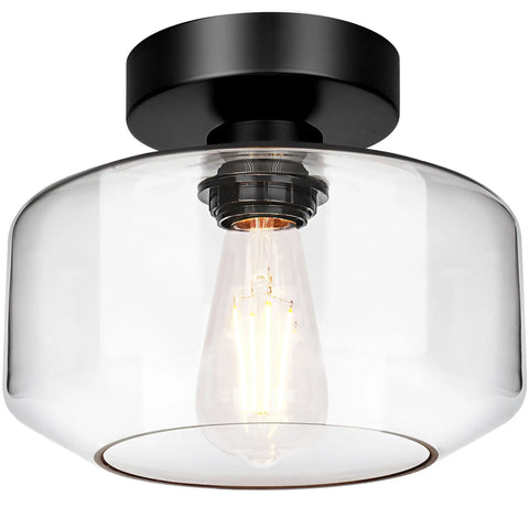 Industrial Dope Semi Flush Mount Ceiling Light In Matte Black With Clear Glass Shade showcasing light bulb inside, modern farmhouse style