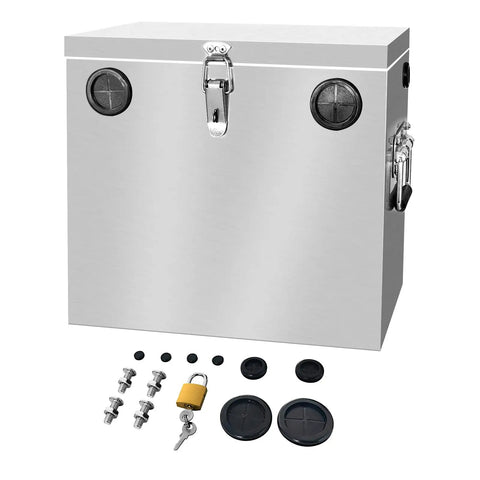 Built Like A Tank Stainless Steel Battery Box For RV Trailers And Deck Ready Boats With Locking Watertight Cover showing a heavy duty design with mounting kit.