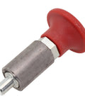 Spring Loaded Pull Pin For Gym Machines And Fitness Equipment Heavy Duty Steel Plunger Pin 1 Inch Diameter with red handle, side angle