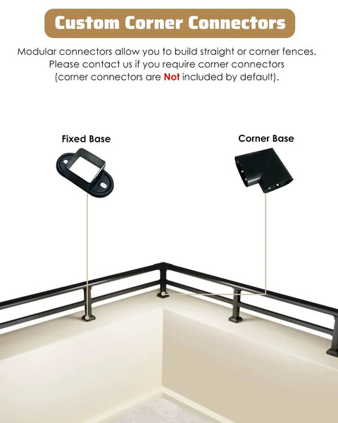 Custom Corner Connectors for Solid Setup Balcony Railing Height Extender, fixed base and corner base on a railing.