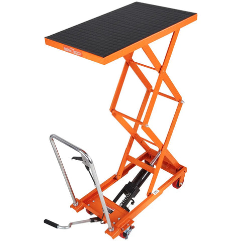 Heavy Duty Portable Hydraulic Lift Table Cart With 330lbs Capacity 50in Scissor Jack design, orange metal with rubber top.