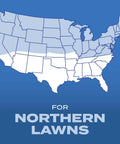 Map of the United States highlighting areas for northern lawns suitable for sun and shade grass seed mix.