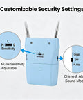 Two Pack Door Handle Alarm With Vibration Sensor, 120dB Siren, Alerts Up To 650 Feet, Easy Install On Any Door, Choose Off, Alarm, Or Doorbell Mode, Deters Intruders And Lets You Monitor Kids Or Patients. Blue plastic door alarm with adjustable sensitivity and chime/alarm modes.